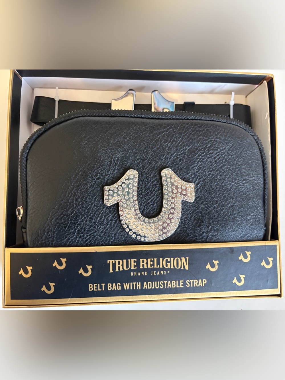 True Religion Black Leather Belt Bag with Rhinestone Horseshoe Logo